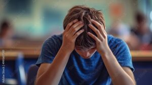 Young man sits with head in hands. This image shows a young man in a stressful situation.