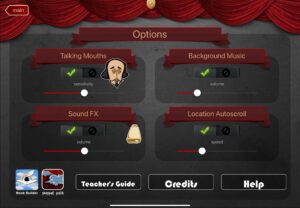 Image of options: talking mouths, background Music, sound FX, location autoscroll, credits, teachers guide, and help 