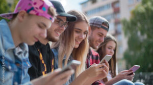 A photo capturing young people absorbed in their smartphones