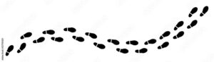 Isolated trail of black footsteps (comics silhuoette shapes), going from the left to the right (horizontal orientation).