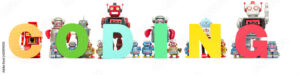 retro tin robot toys hold up the word CODING 7