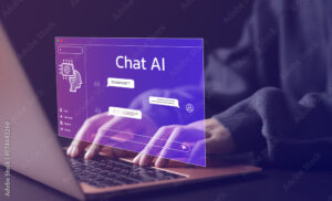 Chat Bot Chat with AI or Artificial Intelligence technology. Woman using a laptop computer chatting with an intelligent artificial intelligence asks for the answers he wants. ChatGPT,