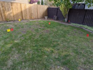 Orange flags showing the perimeter of the area that will be landscaped.