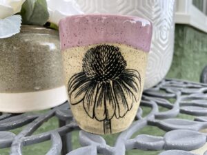 Pink and floral handmade pottery cup 