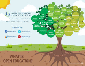 Visual of tree that outlines the different aspects of open education and what it ultimately stands for and has to offer being equity, opportunity and access. 