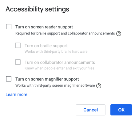 Picture of the Accessibility Settings Menu in Google Docs