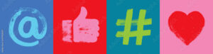 Social media banner, At Symbol, Like hand, hashtag, heart