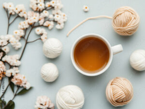 Cozy Setup With Yarn Balls, Tea Cup, and Delicate Blossom Branches