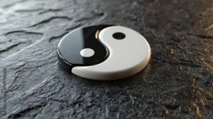 Yin yang symbol on textured dark stone surface, symbolizing balance and harmony