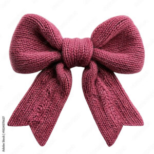 A cozy pink knitted bow, perfect for festive occasions or as a decorative accessory in fashion and craft projects.