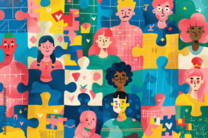 Colorful illustration of diverse people as jigsaw puzzle pieces, representing community and inclusion. Diversity, teamwork, cooperation, unity, social connection, collaboration, belonging, identity.