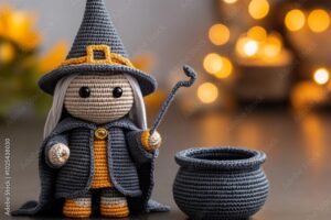 Crochet wizard doll, complete with a pointed hat, cloak, and wand, standing next to a tiny crochet cauldron