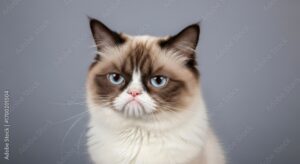 Grumpy Cat Close-Up: Iconic Feline Portrait, Blue Eyes, Neutral Background