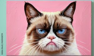 Grumpy Cat Portrait Against Pink Background