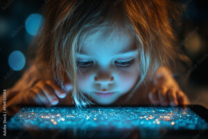 A child using a tablet to explore a virtual world where they learn about the importance of secure passwords and personal data protection.