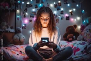 Teens and cyber bullying. Upset teen girl sitting on floor in her bedroom holding a phone. Being bullied on the internet in cyber space.