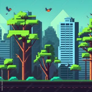 flappy bird game background for parallax effect with city and trees in the back pixel art