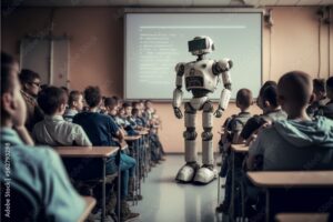 Un robot donne un cours à des enfants dans une salle de classe - illustration générée par IA