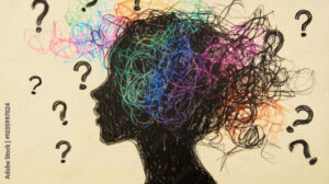 A colorful crayon silhouette of a deep thinker surrounded by vivid question marks conveying curiosity and contemplation