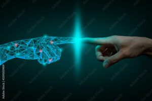 a human hand touching with digital hand, digital transformation  concept