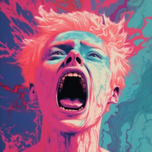 paint, art, drawing, men, screaming, shouting, human face, one person, horror, fear, backgrounds, bizarre, portrait, cartoon, furious, anger, halloween, evil, shock, facial expression, abstract, mouth, terror, terrified, panic, ai generated