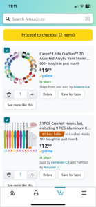 screenshot of yarn and crochet hooks in online Amazon cart