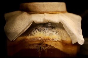 A close up image of fermentation in a jar of kombucha