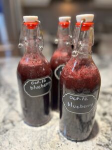 Three bottles of blueberry kombucha on a kitchen counter.