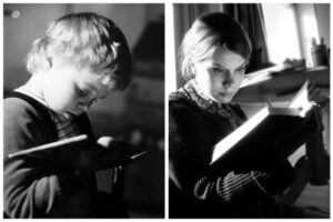 Youngme/Nowme two black and white photos side by side. The younger version of a child holding a book on the left and an older version of the same person holding a book. Both are similarly dressed.