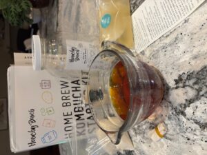 A photograph of a kombucha kit from Hoochy Bosch. There is a box, bags of cane sugar, a jar, a SCOBY in a bag and a leaflet of instructions.