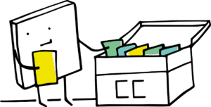 A drawing of a book selecting files from a file box labelled CC.