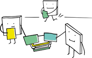 A drawing of pixel cells in a social network borrowing files from one another suggesting open education and teamwork.