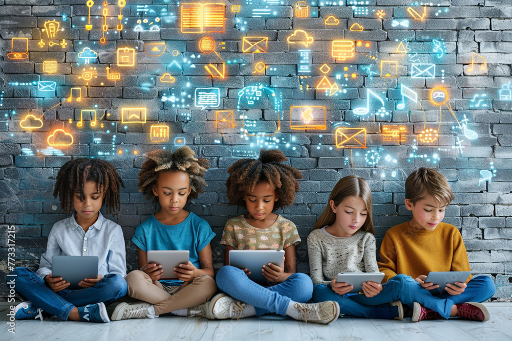 Concept art depicting children engaging in digital literacy and online safety programs, empowering them to navigate the digital world responsibly and safely.