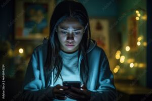 adolescent Latino girl seen in high school, situated in suburban neighborhood, she constantly checks social media interactions. obsession about online presence and fear of negative evaluation