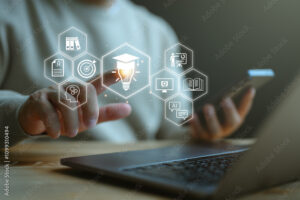 e-learning on a laptop. learning icon, library on the internet website. concept of lesson learning e-book training digital online. course education in webinar technology