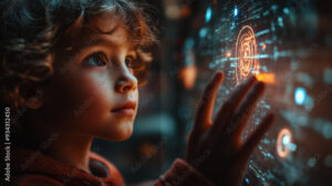 A child in a futuristic learning pod, using a holographic interface to explore the concepts of digital citizenship and responsible online behavior.