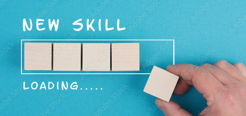 Progress bar with the words new skill loading, education concept, having a goal, online learning, knowledge is power strategy