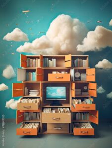 a wooden cabinet filled with files and surrounded by images of cloud
