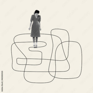 Young woman looking on drawn lines and feeling frustrated and lost. Having no direction to follow. Contemporary art collage. Psychology, inner world, mental health. Conceptual design. Single line art