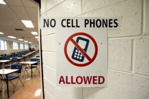 A sign prohibiting cell phones in a classroom, emphasizing a distraction-free environment for students.