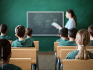 Students attentively listening to teacher in traditional classroom