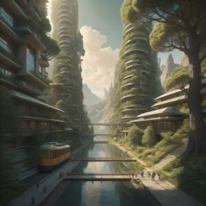 A picture of a futuristic, green, sustainable city.