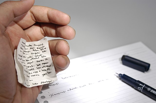 A hand holds a concealed set of notes for the purpose of academic dishonesty.