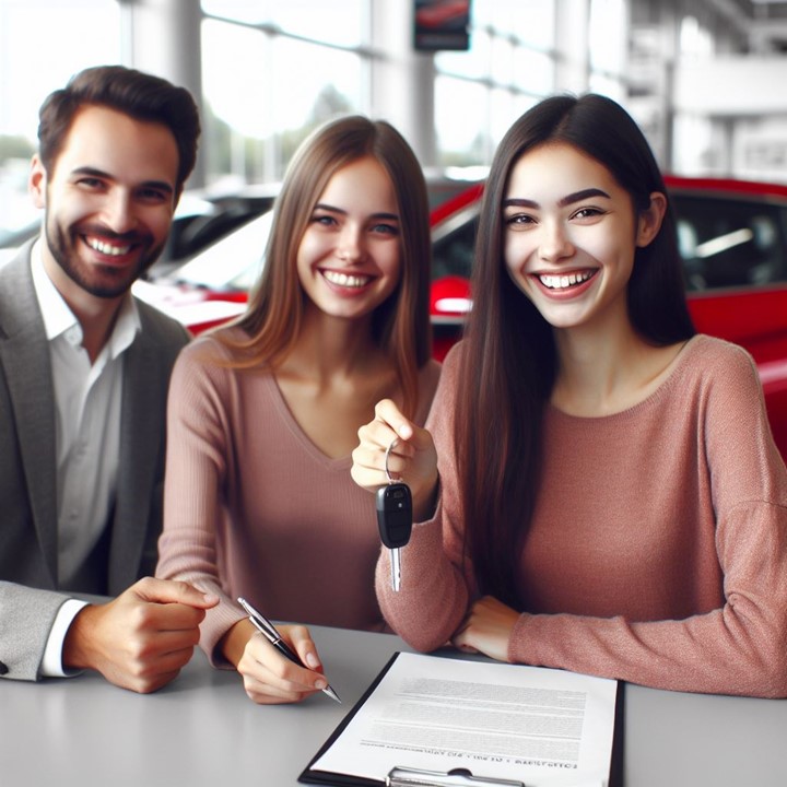 3 people smile into the camera as they complete a car deal in a dealership. All three are Caucasian. 