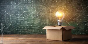 A floating light bulb coming out of a box in front of a math picture, innovation, creativity, idea
