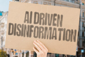 "AI driven disinformation" on worn cardboard. Highlights the use of AI to generate false information. FAKENEWS. PROPAGANDA. MANIPULATION. DECEPTION. ALGORITHMS. SYNTHETIC. MISINFORMATION