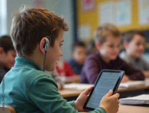 Student with hearing aid using tablet and speech-to-text app in an inclusive classroom learning environment.