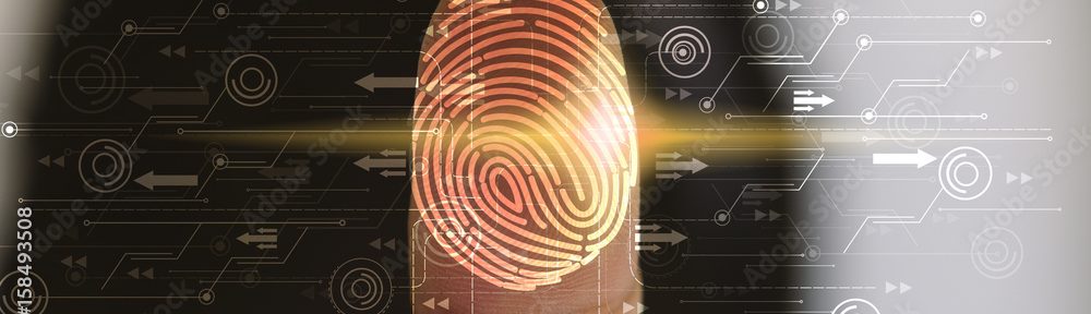 Businessman login with fingerprint scanning technology. fingerprint to identify personal, security system concept