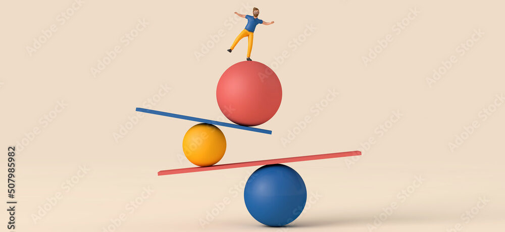 A male character balancing on unstable shapes. 3D Rendering