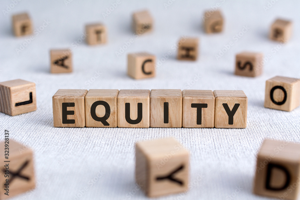 Equity - words from wooden blocks with letters, the value of a company equity concept, white background